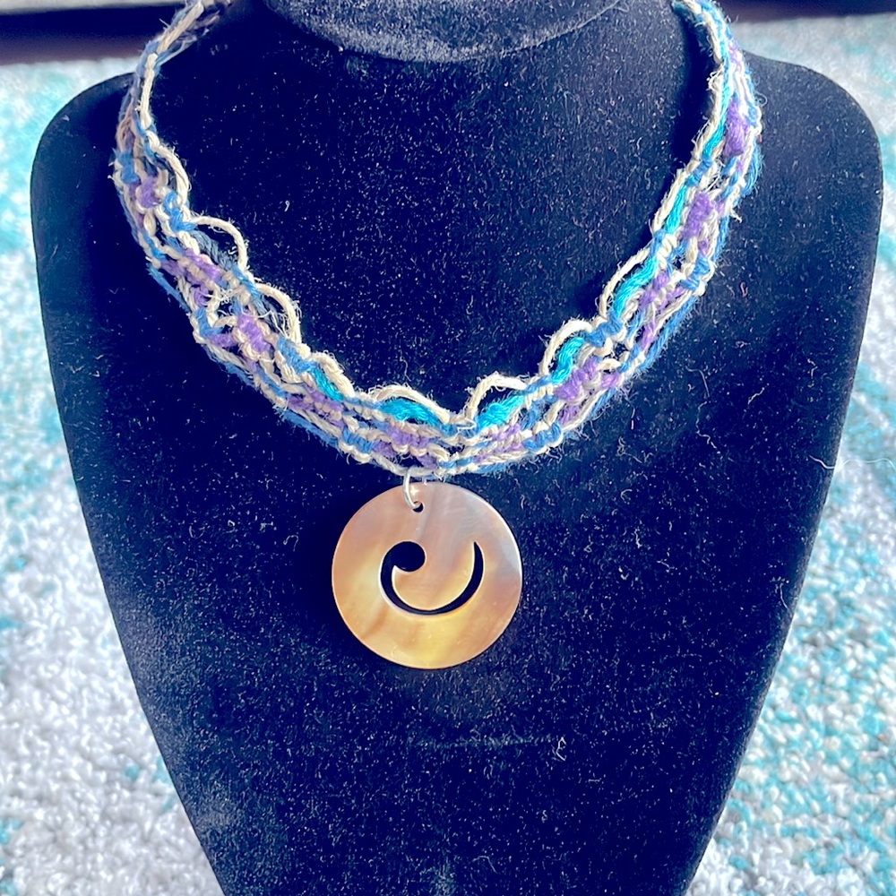 Moana inspired hemp shell tie on necklace new handmade blue purple